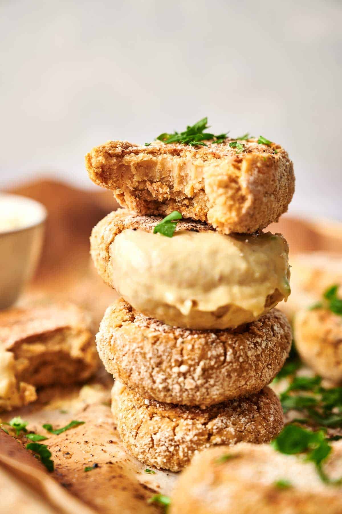 A stack of chickpea nuggets on a table.
