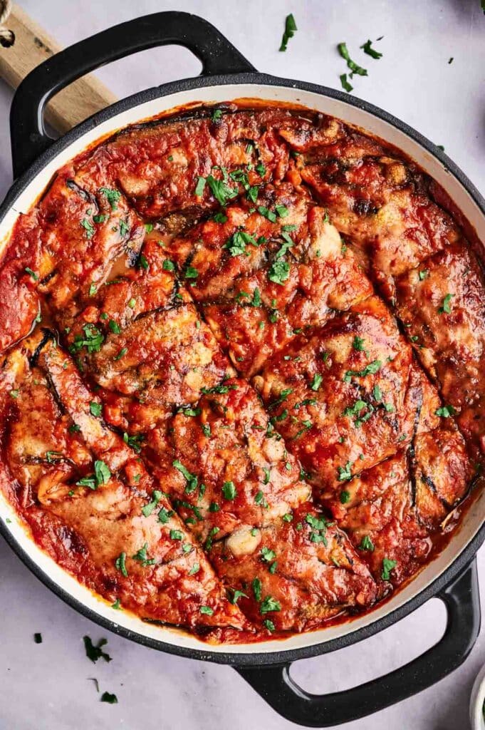 An eggplant casserole dish with meat and sauce.