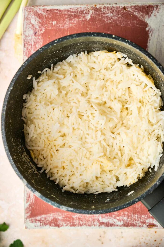 Thai Jasmine Rice in a pot.