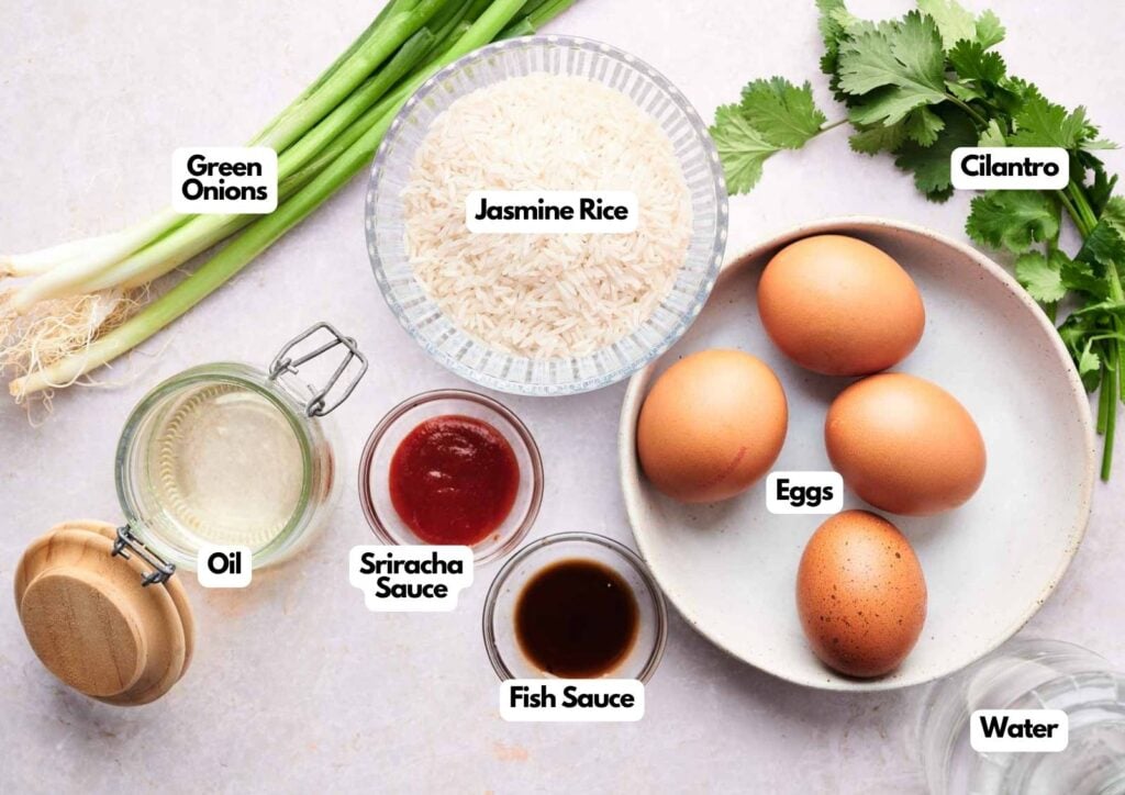 Top-down view of labeled ingredients for a Thai omelette recipe: green onions, jasmine rice, cilantro, eggs, oil, sriracha sauce, fish sauce, and water arranged on a light surface.