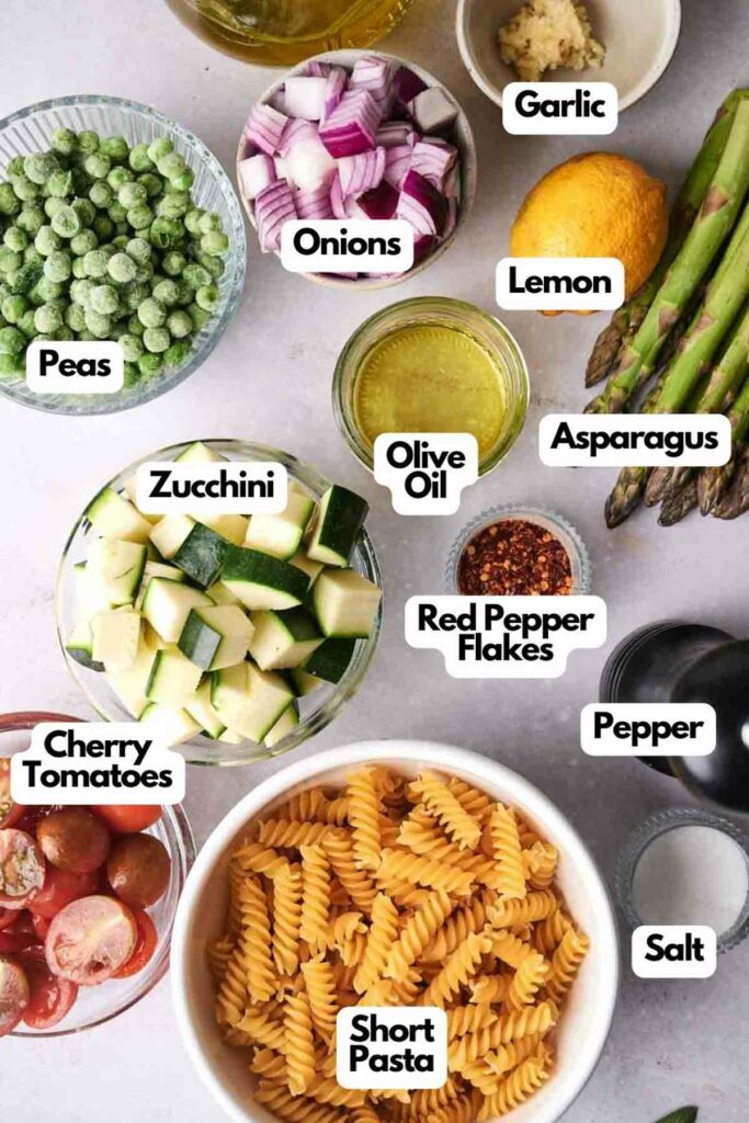 An array of fresh cooking ingredients for Pasta Primavera including peas, zucchini, cherry tomatoes, onions, garlic, lemon, asparagus, pasta, and spices labeled individually on a kitchen counter.
