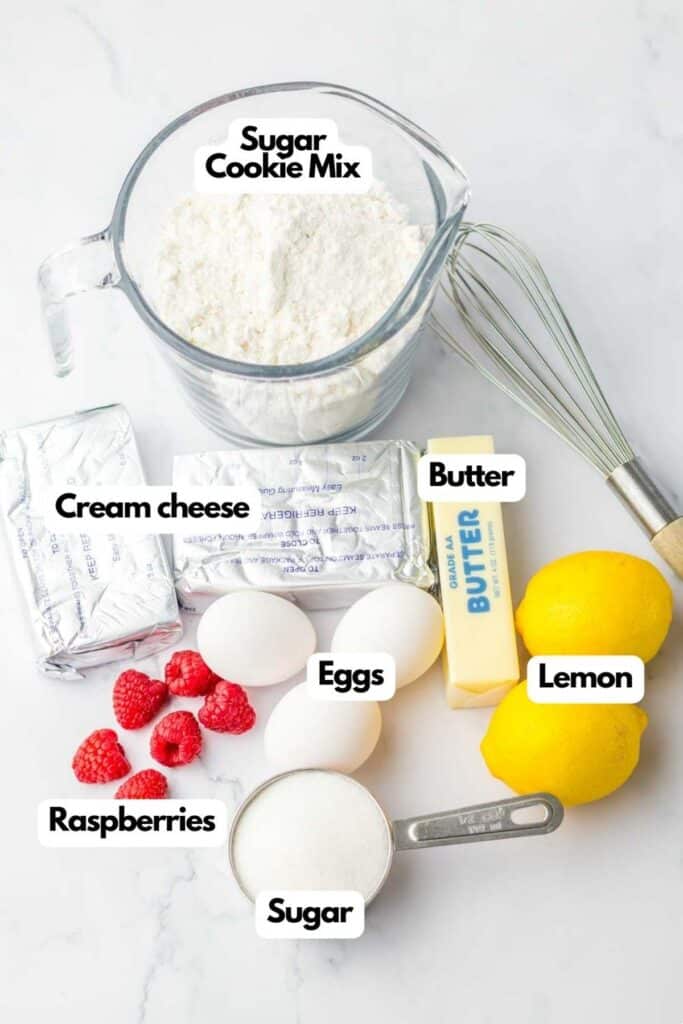 Labeled ingredients for a Raspberry Lemon Cheesecake Bars recipe.
