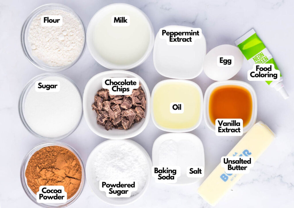 Various baking ingredients in bowls and containers, including flour, milk, sugar, cocoa powder, chocolate chips&mdash;perfect for making Thin Mint Chocolate Cookies&mdash;along with oil, egg, butter, extracts, powdered sugar, food coloring, baking soda, and salt.
