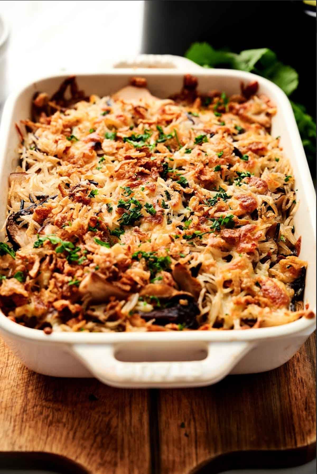 Wild rice casserole and an air fryer at the back.