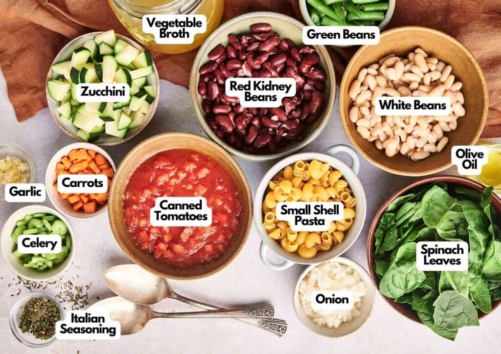Various bowls containing labeled ingredients for minestrone soup, including vegetables, beans, pasta, broth, seasoning, and olive oil, arranged on a light surface.