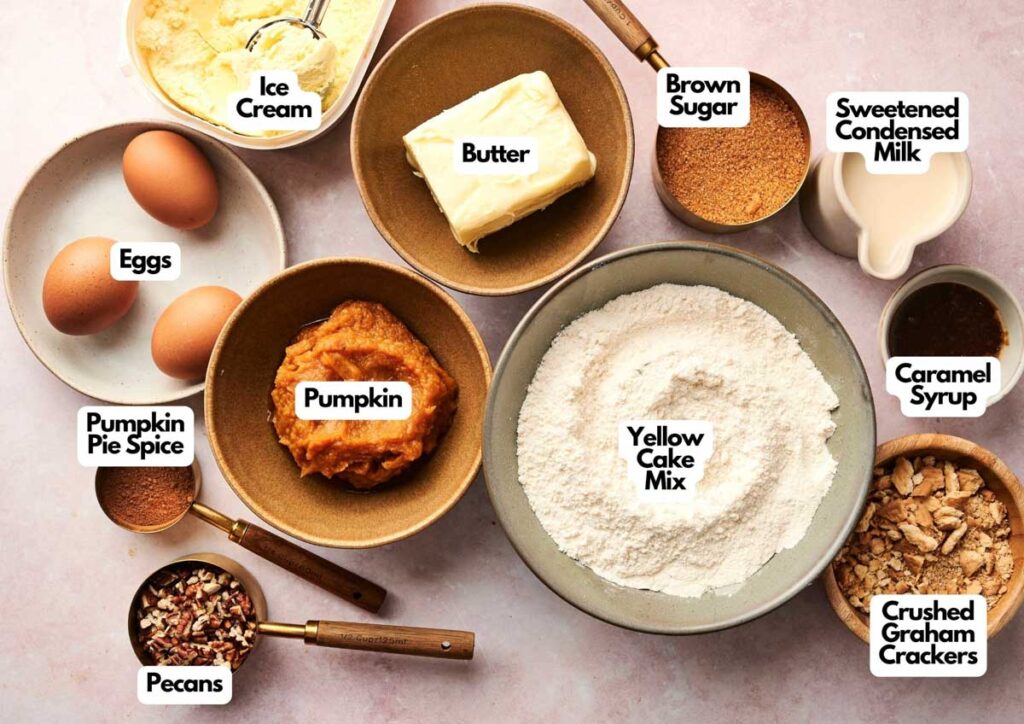 A variety of baking ingredients in bowls, perfect for making Pumpkin Dump Cake, including ice cream, butter, eggs, pumpkin, yellow cake mix, brown sugar, sweetened condensed milk, caramel syrup, crushed graham crackers, pecans, and pumpkin pie spice.