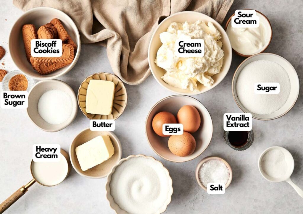 A top view of labeled baking ingredients in bowls, perfect for making Salted Caramel Cheesecake&mdash;including Biscoff cookies, brown sugar, heavy cream, butter, cream cheese, eggs, salt, sugar, vanilla extract, and sour cream.
