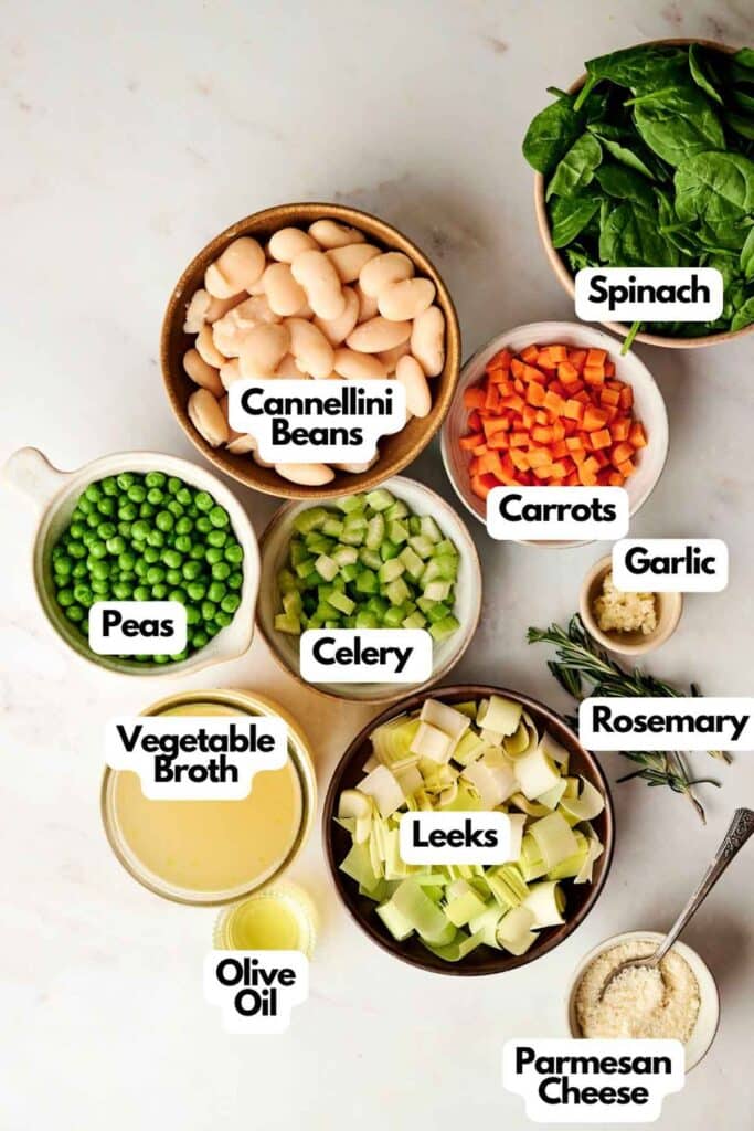 Top view of various cooking ingredients for a hearty vegetable soup, labeled: cannellini beans, spinach, carrots, garlic, peas, celery, rosemary, leeks, vegetable broth, olive oil, and Parmesan cheese on a light surface.