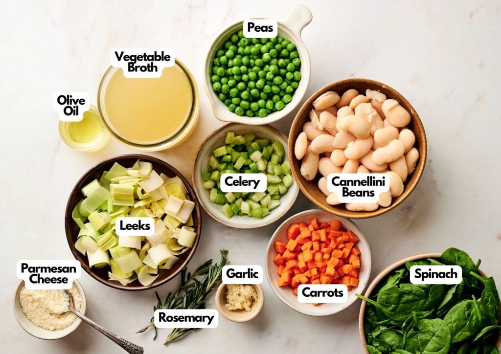 Bowls of vegetable broth, olive oil, peas, celery, cannellini beans, leeks, carrots, spinach, parmesan cheese, garlic, and rosemary—classic ingredients for a hearty vegetable soup—are arranged on a white surface and each labeled.