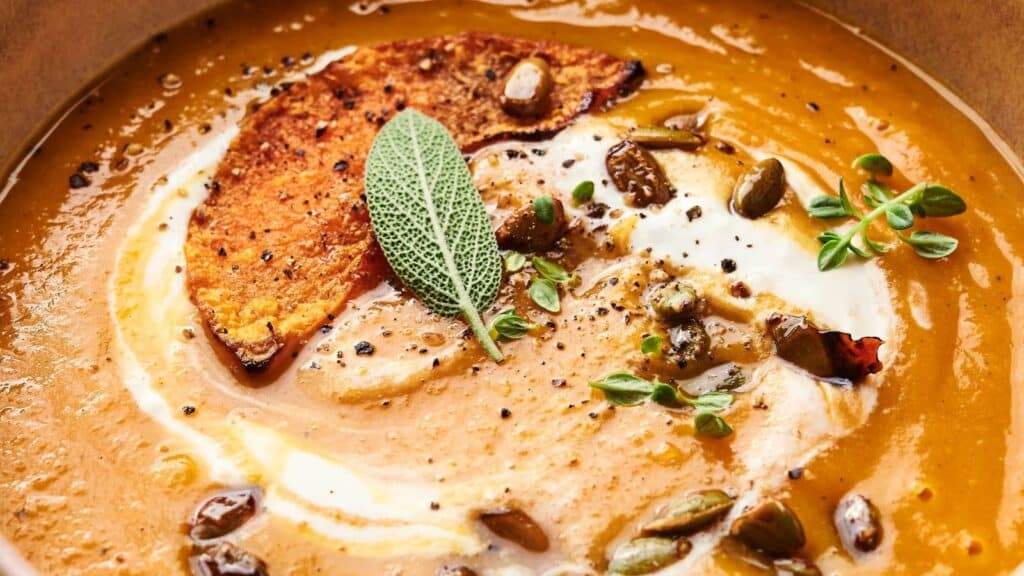 A bowl of creamy pumpkin soup garnished with a crispy slice, pumpkin seeds, fresh sage, and thyme. Swirls of cream are visible on the surface.