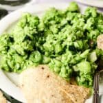 A white plate with chunky guacamole reminiscent of a green goddess salad and tortilla chips. A metal fork rests on the plate beside the dip.