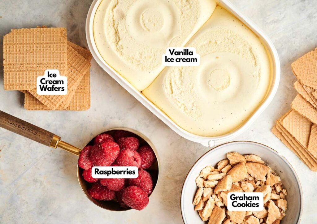 Labeled ingredients for an Ice Cream Sandwich dessert: a tub of vanilla ice cream, ice cream wafers, a bowl of raspberries, and a bowl of crushed graham cookies on a light surface.