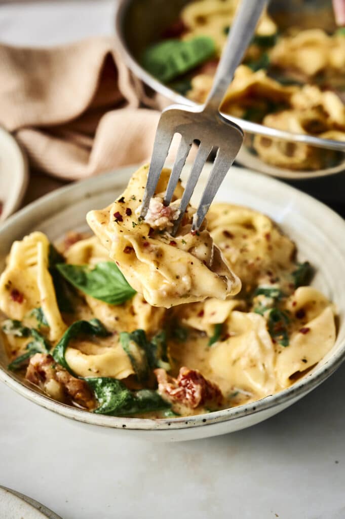 A fork holds up a piece of creamy Marry Me Tortellini pasta with spinach and sun-dried tomatoes over a bowl of the same irresistible dish.