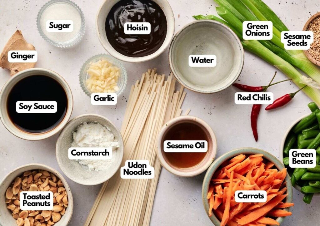 Various labeled ingredients for a spicy udon noodle dish, including udon noodles, sauces, vegetables, nuts, and seasonings, arranged on a light surface.