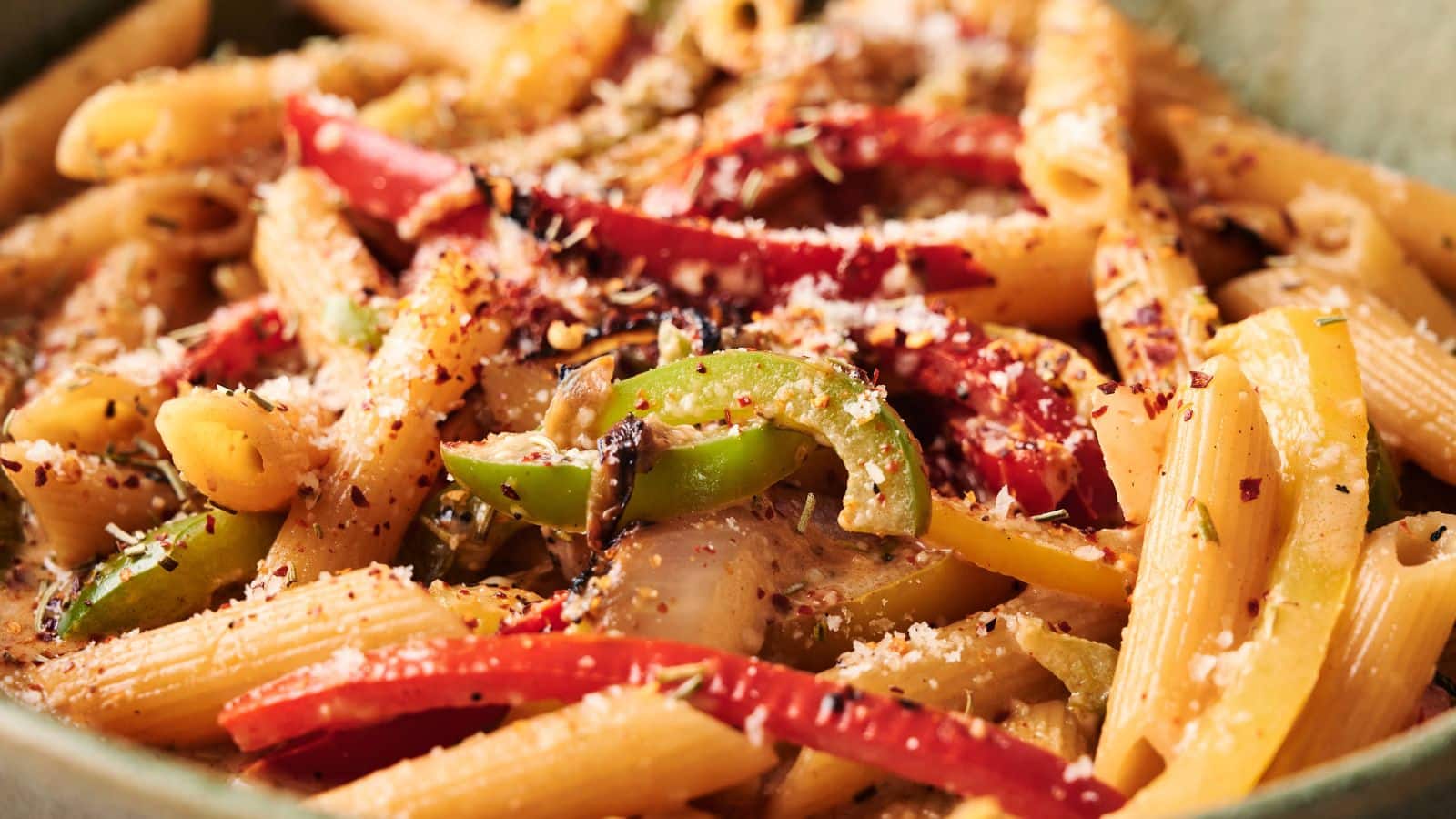 A close-up of penne pasta mixed with red and green bell peppers, onions, grated cheese, and sprinkled with chili flakes.