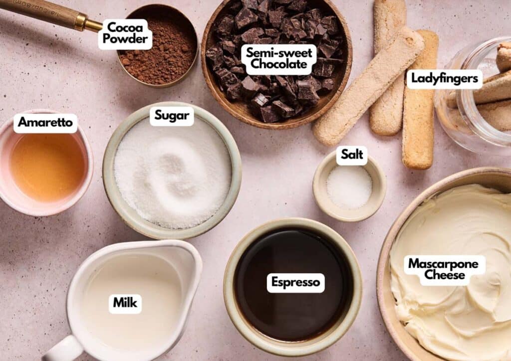 Top-down view of labeled ingredients for tiramisu ice cream: cocoa powder, semi-sweet chocolate, ladyfingers, amaretto, sugar, salt, milk, espresso, and mascarpone cheese.
