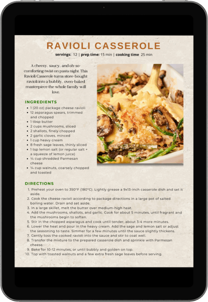 A tablet displays a ravioli casserole recipe with an ingredients list, directions, and a photo of the baked pasta dish topped with herbs in the upper right corner.