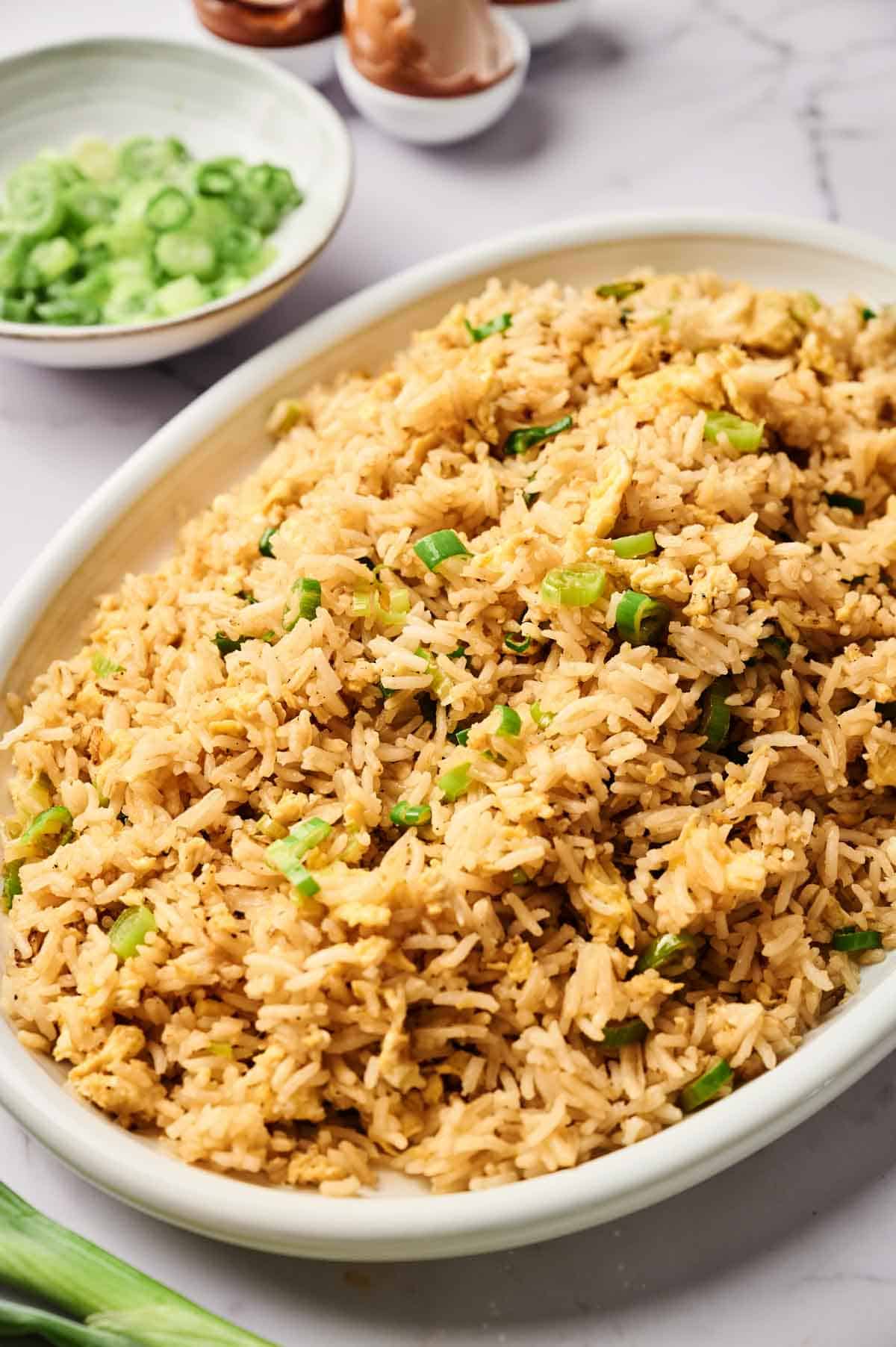 A white oval plate filled with savory Egg Fried Rice, garnished with chopped green onions, sits on a marble surface with a bowl of sliced scallions in the background.
