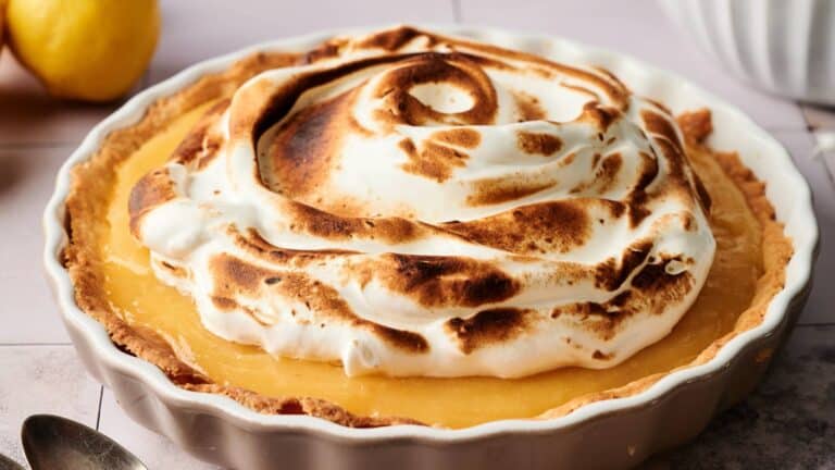 A lemon meringue pie in a ceramic dish, topped with toasted meringue swirls, sits on a light-colored surface with a lemon in the background.