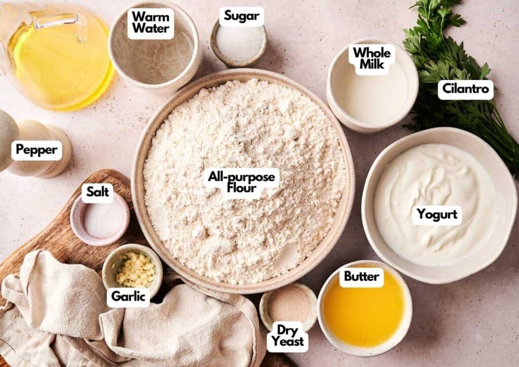 A variety of labeled ingredients for baking naan bread, including flour, butter, yogurt, milk, water, sugar, salt, pepper, garlic, dry yeast, and cilantro, arranged on a countertop.