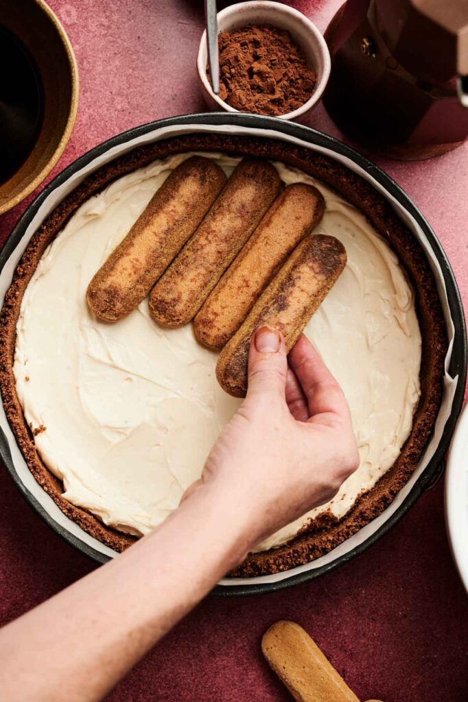A hand places coffee-soaked ladyfingers on a layer of cream in a round pan, creating the perfect base for tiramisu cheesecake, with cocoa powder and coffee visible nearby on a red surface.