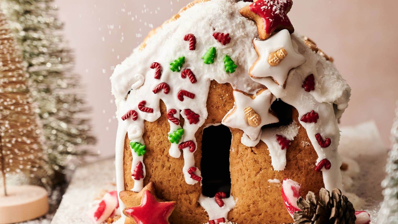 A gingerbread house decorated with white icing, star-shaped cookies, and candy, with artificial trees and a pine cone in the background.
