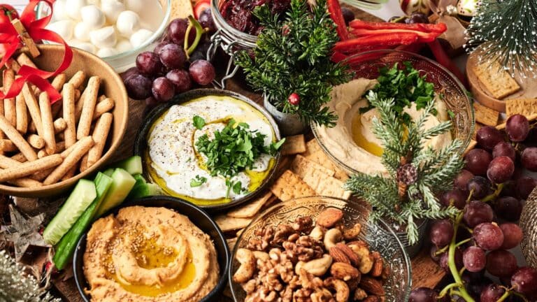 A festive spread with bowls of hummus, crackers, breadsticks, grapes, nuts, sliced cucumbers, mozzarella balls, and holiday greenery decor.