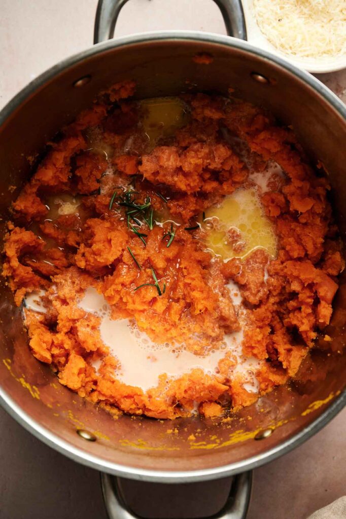 A bowl of creamy Mashed Sweet Potatoes, perfect for a comforting side dish.