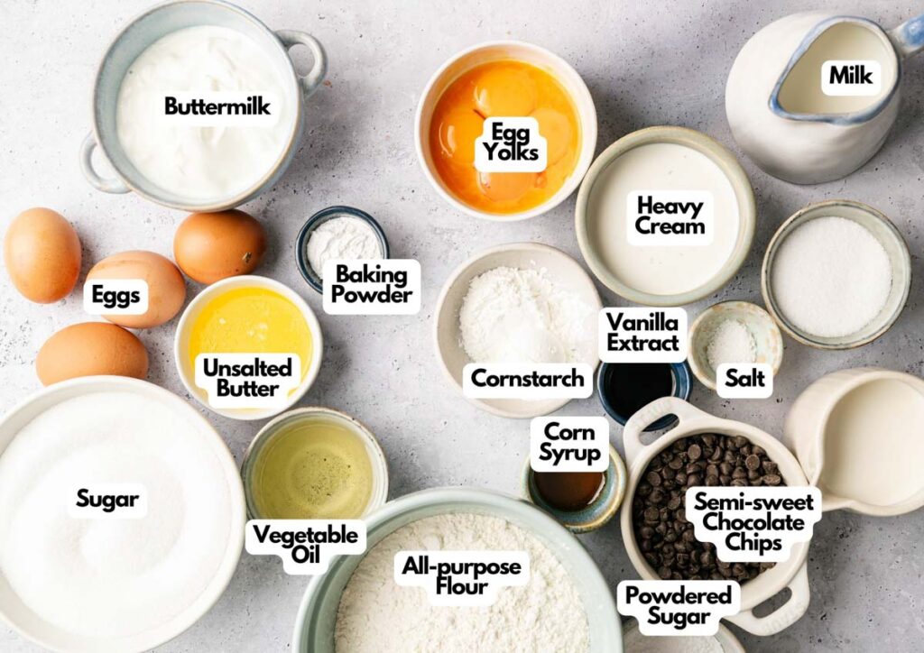 Various baking ingredients including eggs, buttermilk, egg yolks, butter, sugar, and more&mdash;everything you need to make delicious Boston Cream Pie Cupcakes.