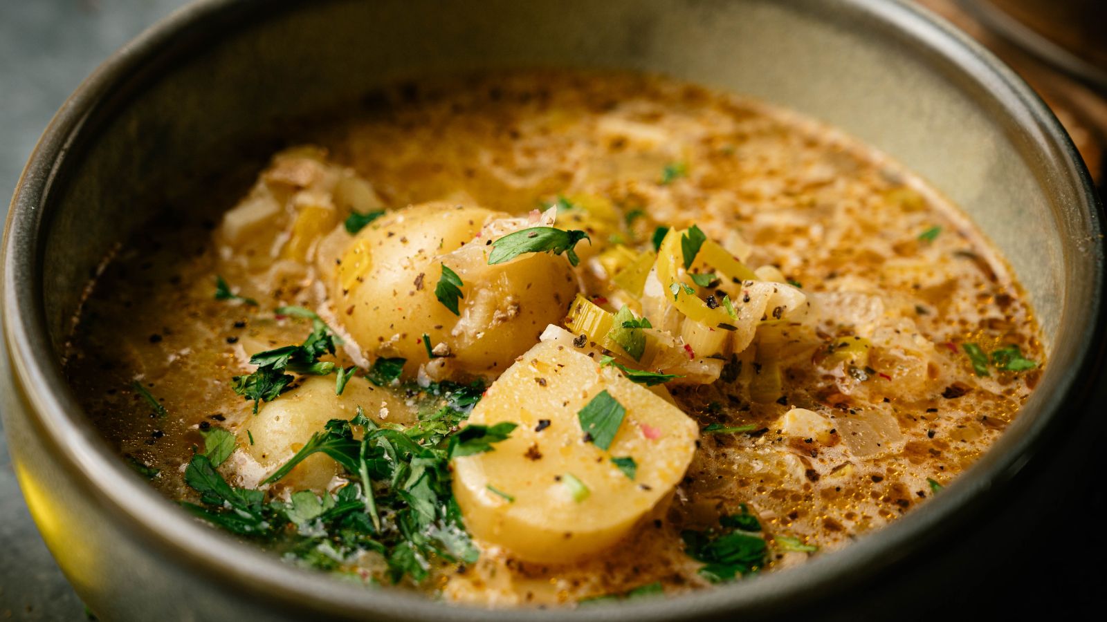 A bowl of chunky potato soup with herbs, diced vegetables, and broth, garnished with chopped parsley and sprinkled with black pepper.