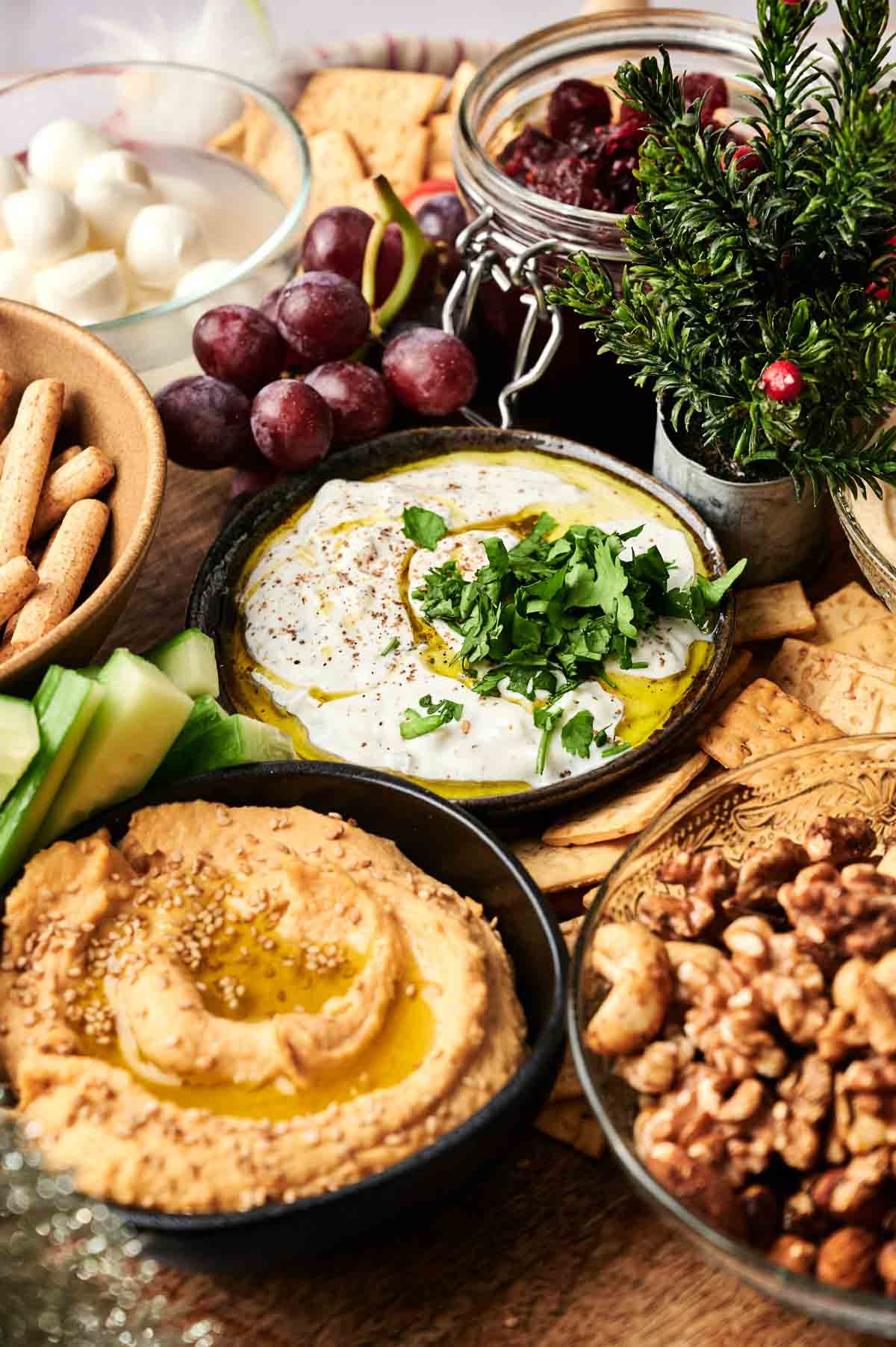A festive Veggie Christmas Charcuterie Board featuring hummus, yogurt dip, grapes, crackers, cheese cubes, walnuts, breadsticks, cucumber slices, and a small decorative plant&mdash;perfect for sharing this holiday season.
