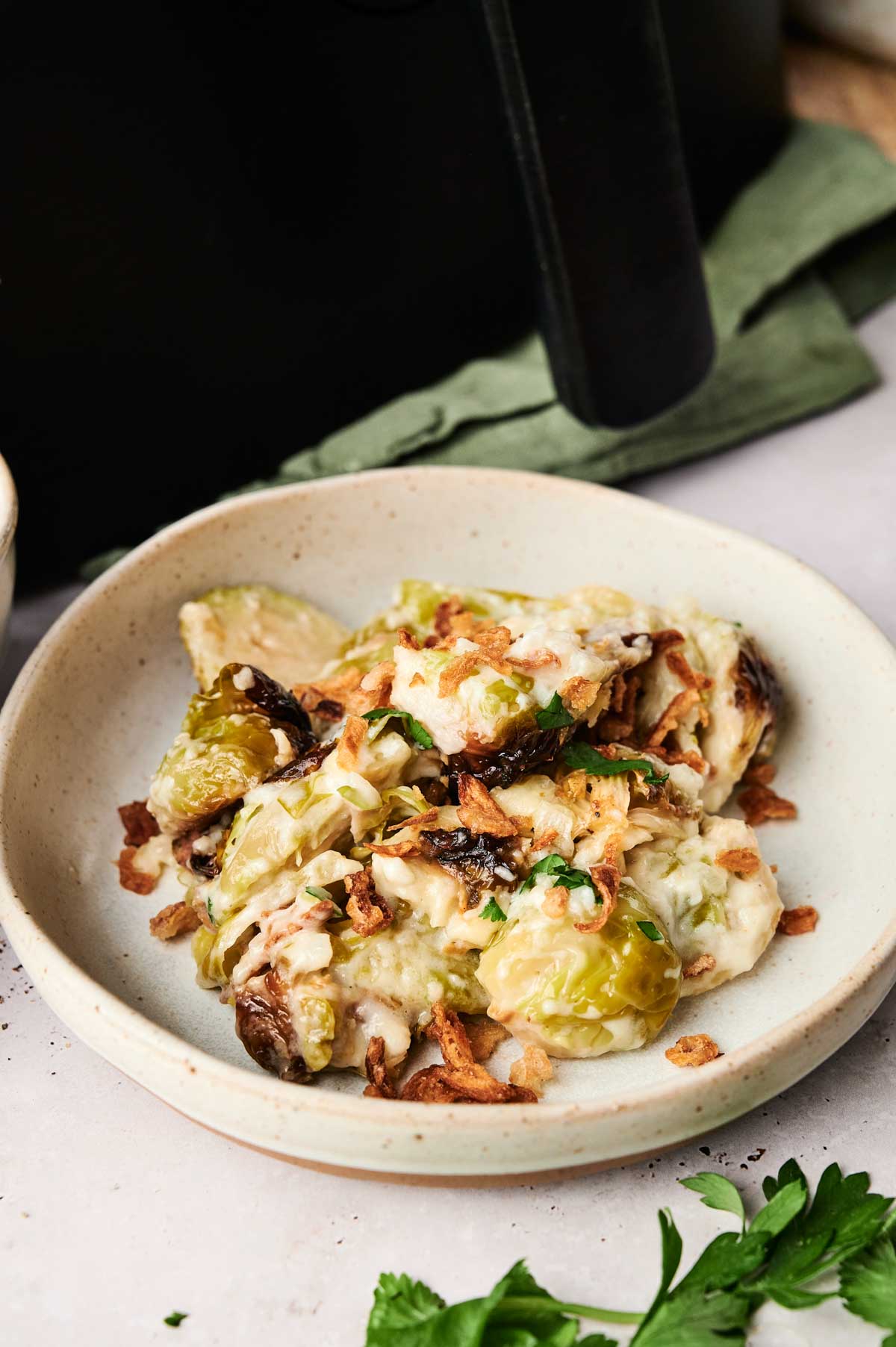 A bowl of Air Fryer Brussels Sprouts Casserole topped with melted cheese, crispy onions, and herbs, finished with a parsley garnish on the side.