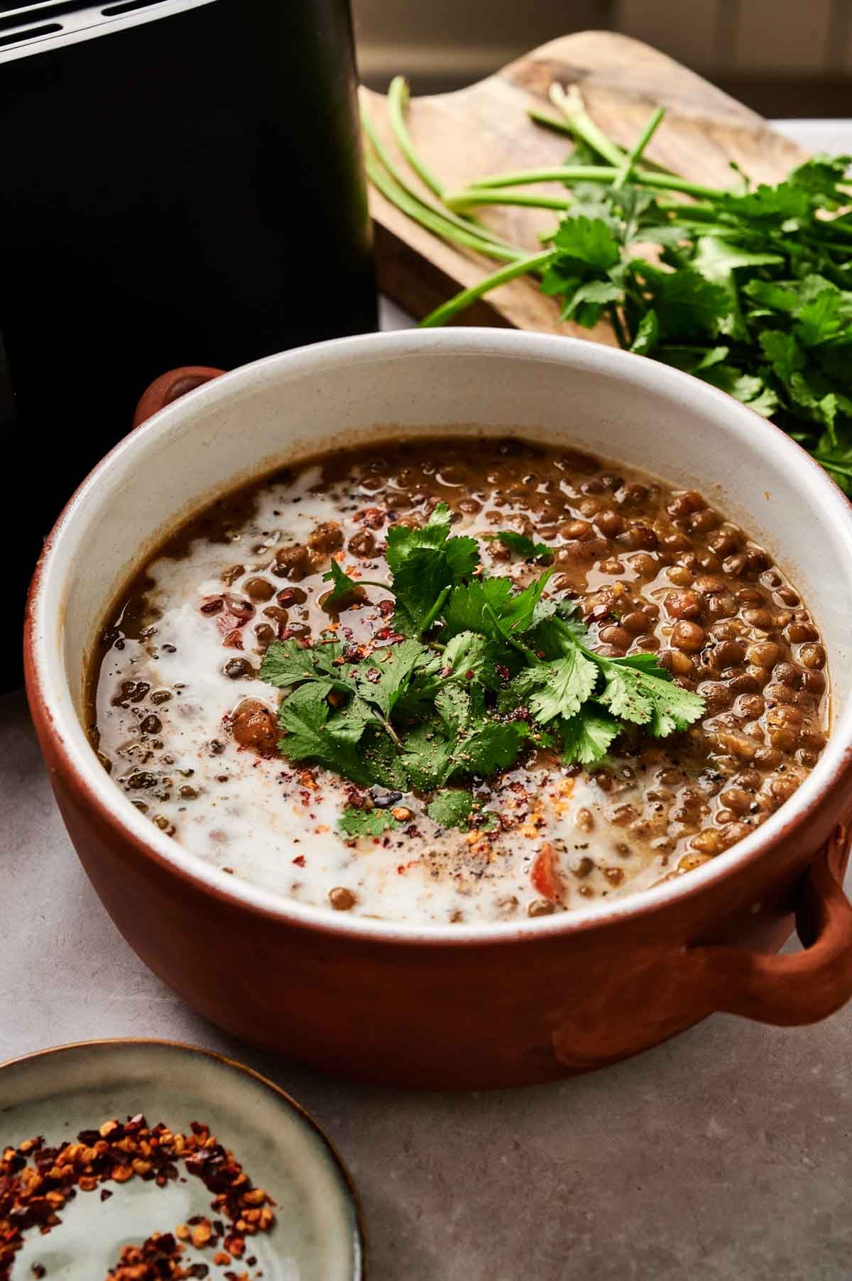 A bowl of Air Fryer Lentil Soup garnished with fresh cilantro and a swirl of cream, with herbs and a cutting board in the background.