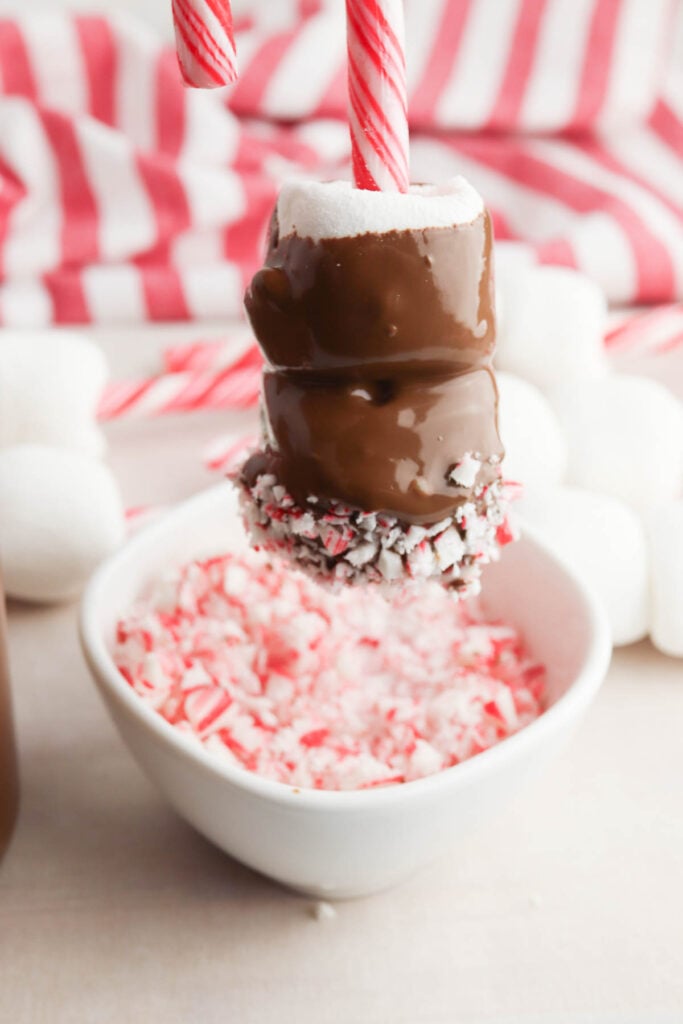A marshmallow on a peppermint stick creates the perfect Candy Cane Hot Chocolate Stirrer, dipped in chocolate and crushed peppermint, with marshmallows and a striped cloth in the background.