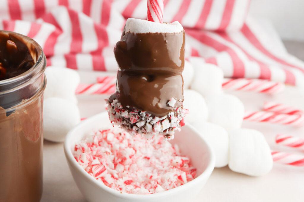 A marshmallow on a candy cane is dipped in chocolate and crushed peppermint, creating the perfect Candy Cane Hot Chocolate Stirrers, with extra marshmallows, candy canes, and a jar of chocolate in the background.