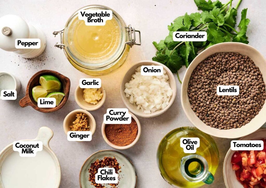 Assorted ingredients for cooking Air Fryer Lentil Soup: vegetable broth, coriander, lentils, chopped onion, tomatoes, olive oil, curry powder, chili flakes, ginger, garlic, lime, coconut milk, salt, and pepper.
