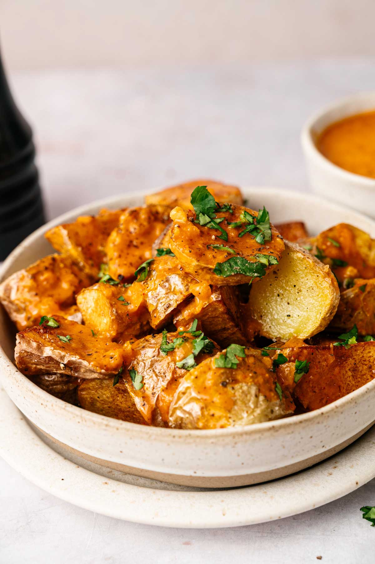 A bowl of Patatas Bravas&mdash;crispy roasted potato wedges topped with orange sauce and garnished with chopped parsley&mdash;sits on a plate.