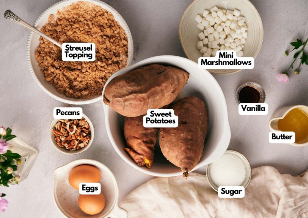 Overhead view of labeled Sweet Potato Casserole ingredients, including sweet potatoes, eggs, pecans, streusel topping, mini marshmallows, vanilla, butter, and sugar.