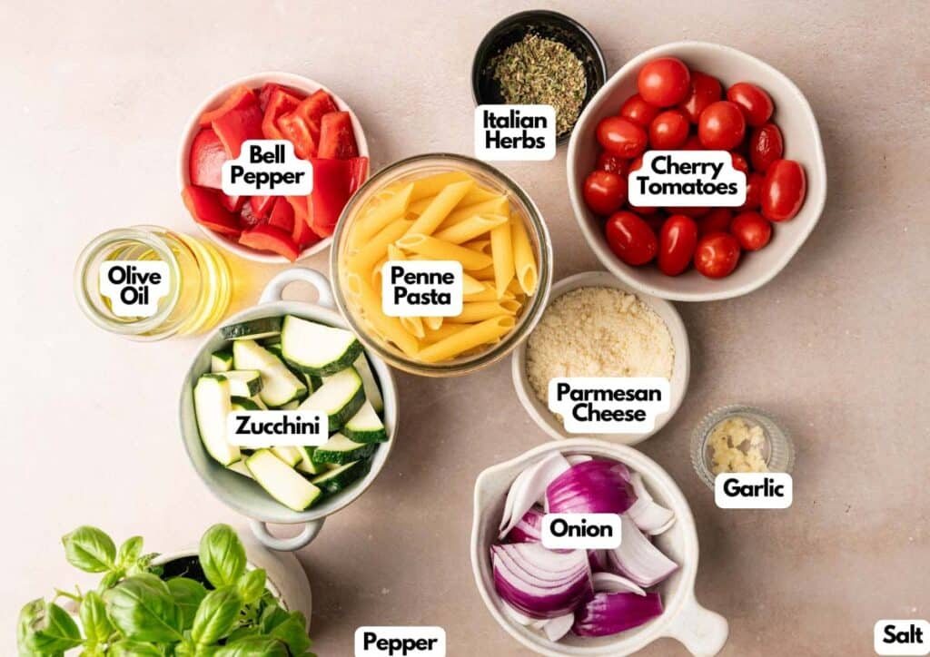 Various ingredients for a Vegetable Pasta dish are arranged on a surface, including penne, bell pepper, zucchini, cherry tomatoes, onion, garlic, olive oil, parmesan, herbs, salt, and pepper.