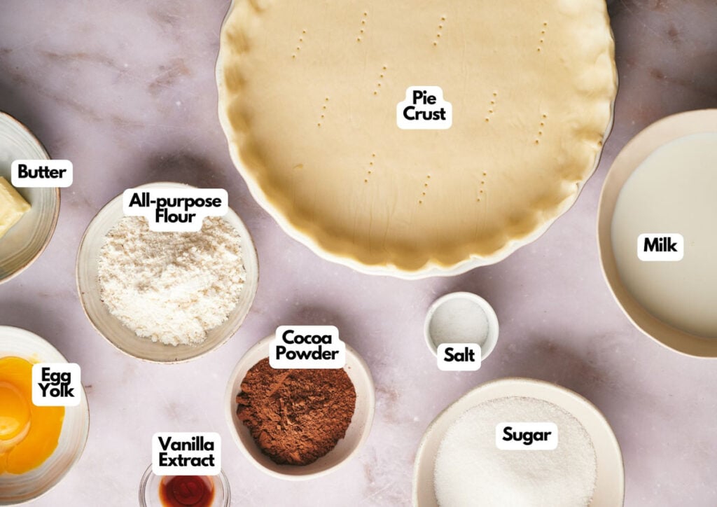 Top-down view of labeled baking ingredients for Chocolate Pie, including pie crust, milk, sugar, salt, cocoa powder, all-purpose flour, vanilla extract, egg yolk, and butter arranged on a counter.