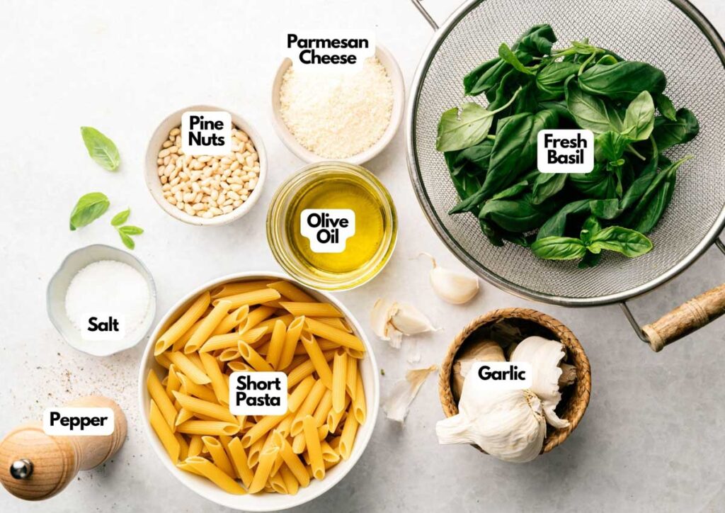 Pesto Pasta ingredients are arranged on a counter: fresh basil, garlic, short pasta, olive oil, pine nuts, parmesan cheese, salt, and pepper.