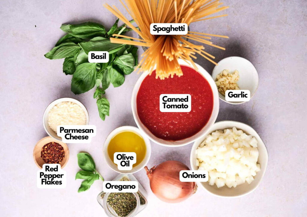 Top-down view of Spaghetti Marinara ingredients&mdash;spaghetti, canned tomato, garlic, onions, basil, olive oil, oregano, red pepper flakes, and parmesan cheese&mdash;artfully arranged on a light surface.