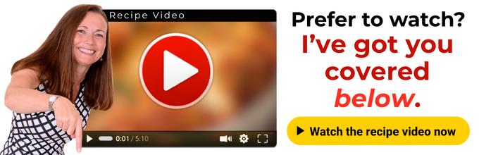Woman pointing down next to a large play button on a video player; text reads, "Prefer to watch? I’ve got you covered below. Watch the recipe video now.