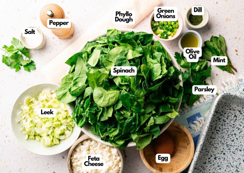 Spanakopita ingredients arranged on a countertop, featuring spinach, phyllo dough, green onions, dill, mint, parsley, leek, feta cheese, egg, olive oil, salt and pepper for making delicious spanakopita.
