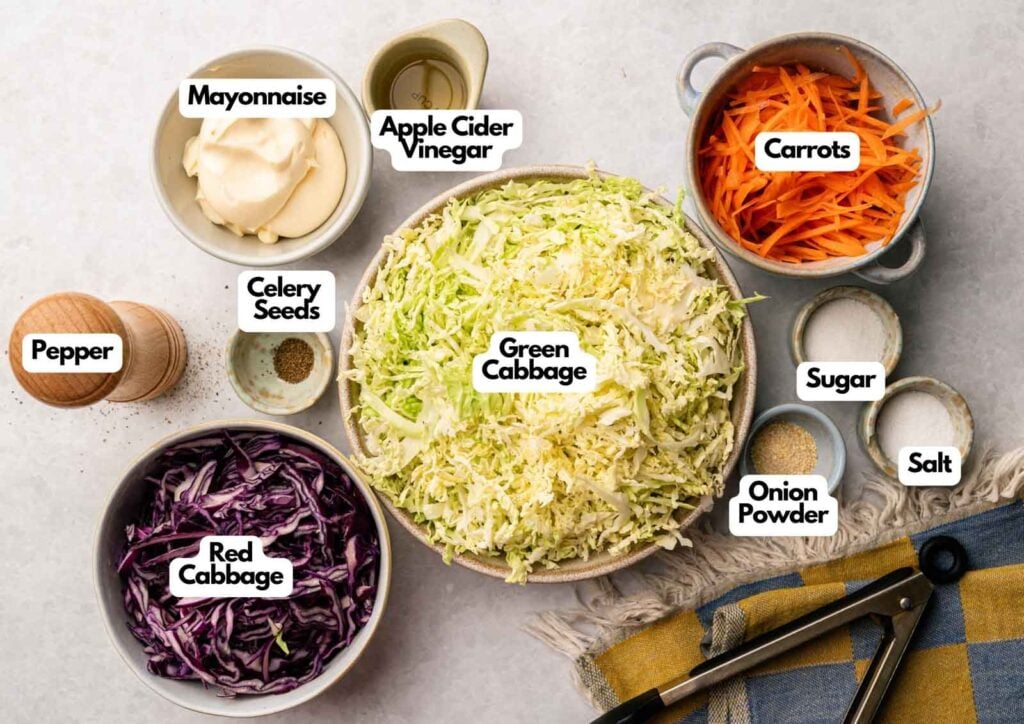 Coleslaw ingredients are arranged on a table, featuring green and red cabbage, carrots, mayonnaise, apple cider vinegar, celery seeds, pepper, sugar, salt, and onion powder.