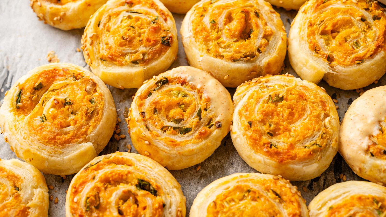 A close-up view of several baked cheese and herb pinwheel pastries arranged on a baking sheet lined with parchment paper.