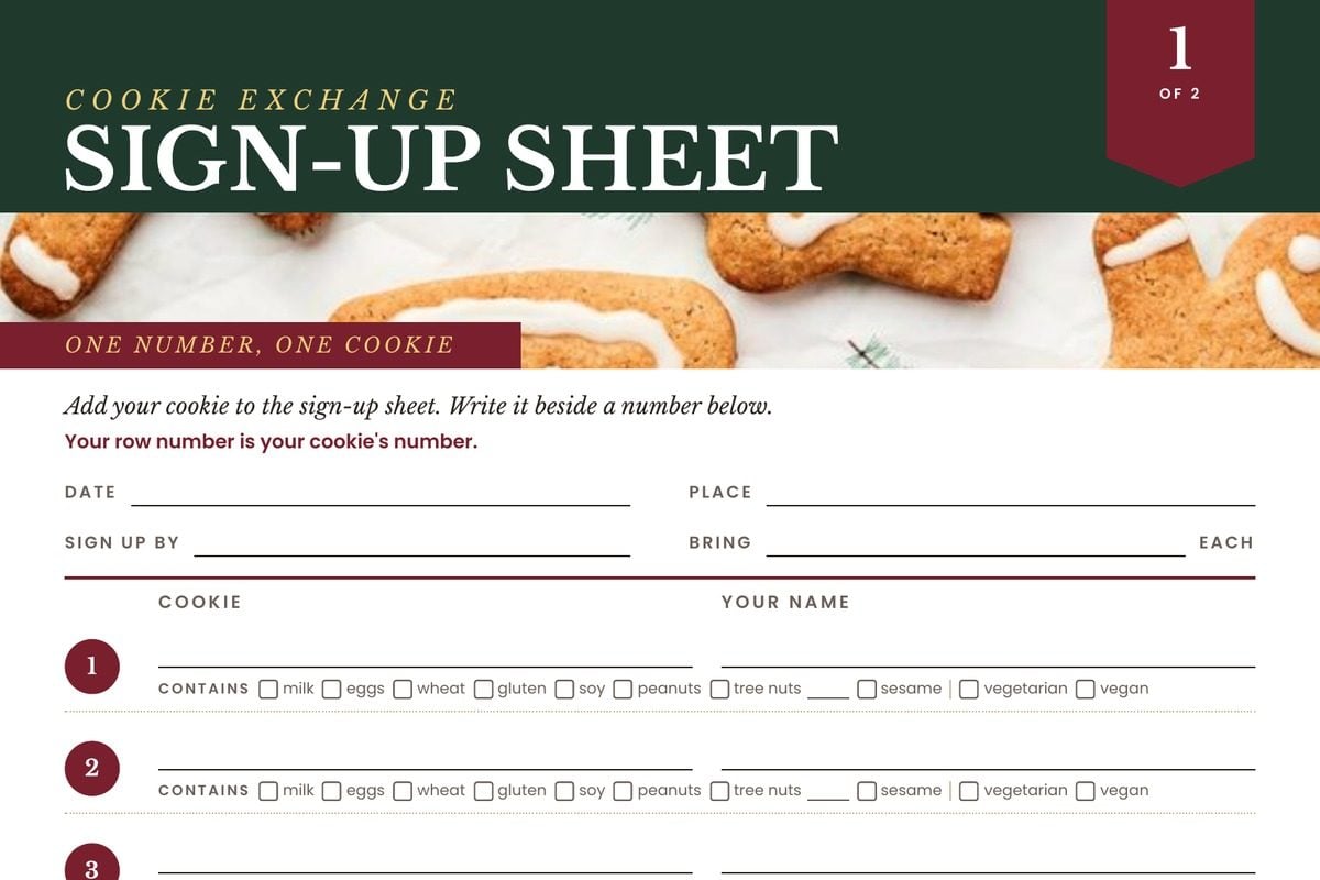 The top of the cookie exchange sign-up sheet, with date and place lines and numbered rows that have allergen tick boxes.