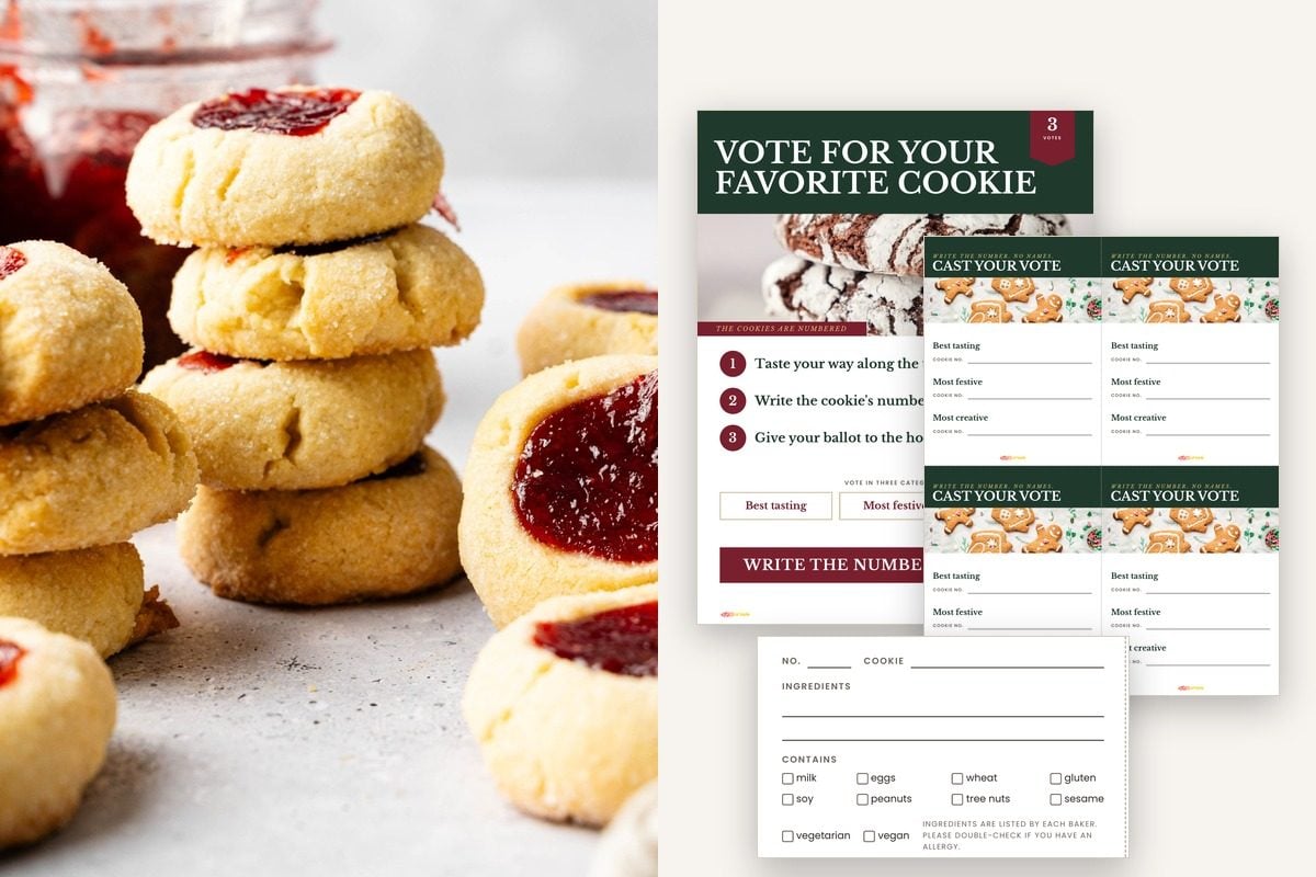 Thumbprint cookies beside the printable voting table sign, ballots and a tent label from the cookie exchange kit.