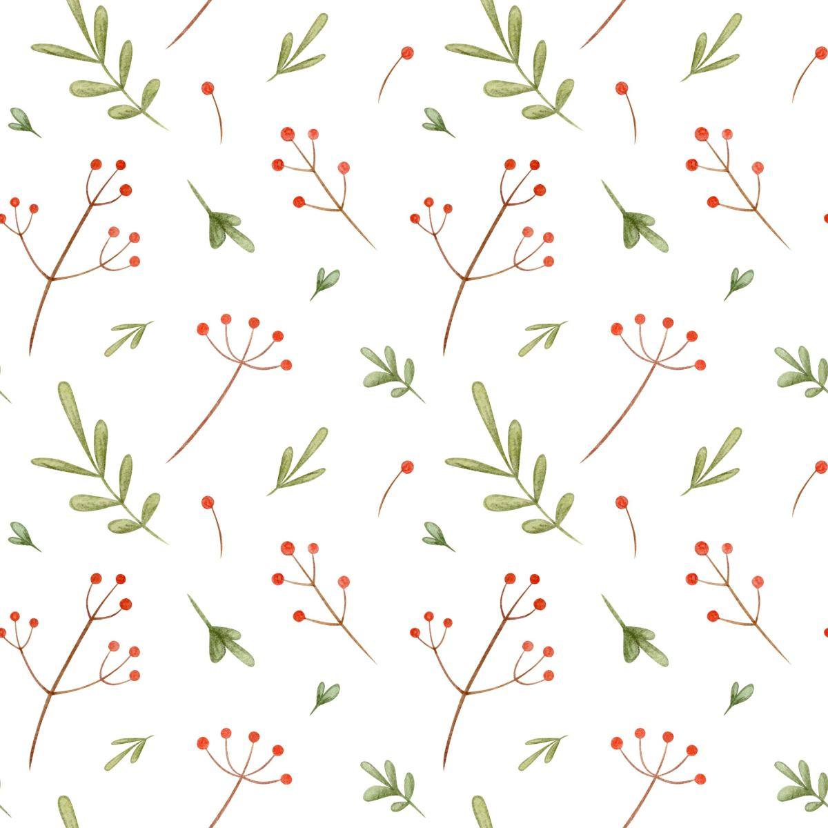 Watercolor pattern of green leaves and sprigs of red berries on a white background.