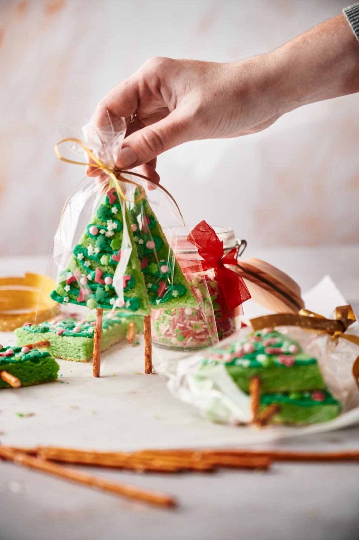 A finished cookie gift bag tied with ribbon